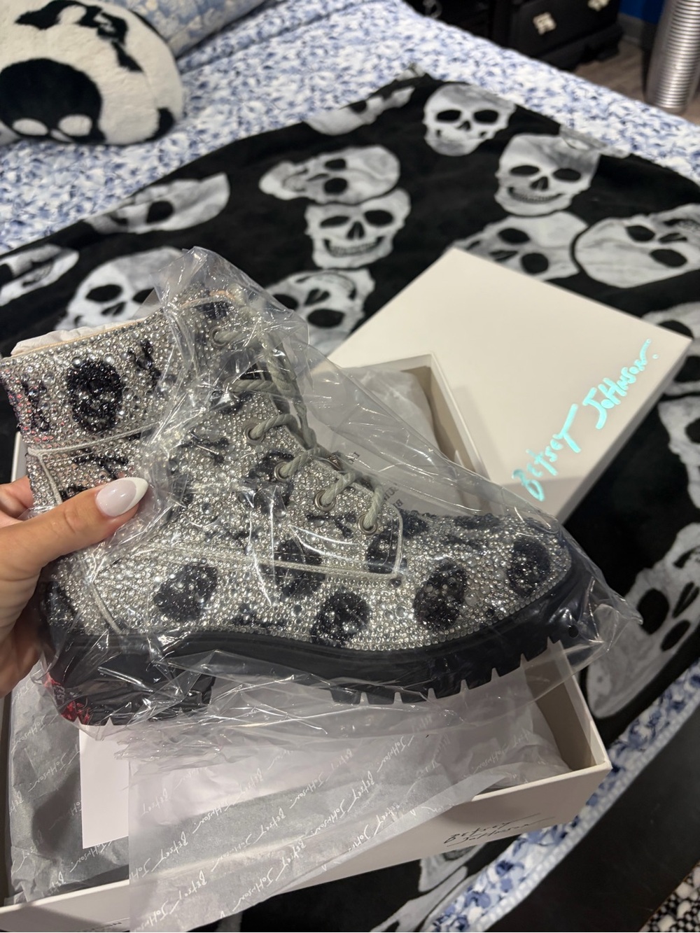 Brand new Betsey Johnson Silver and Black Crystal Skull Combat Boots